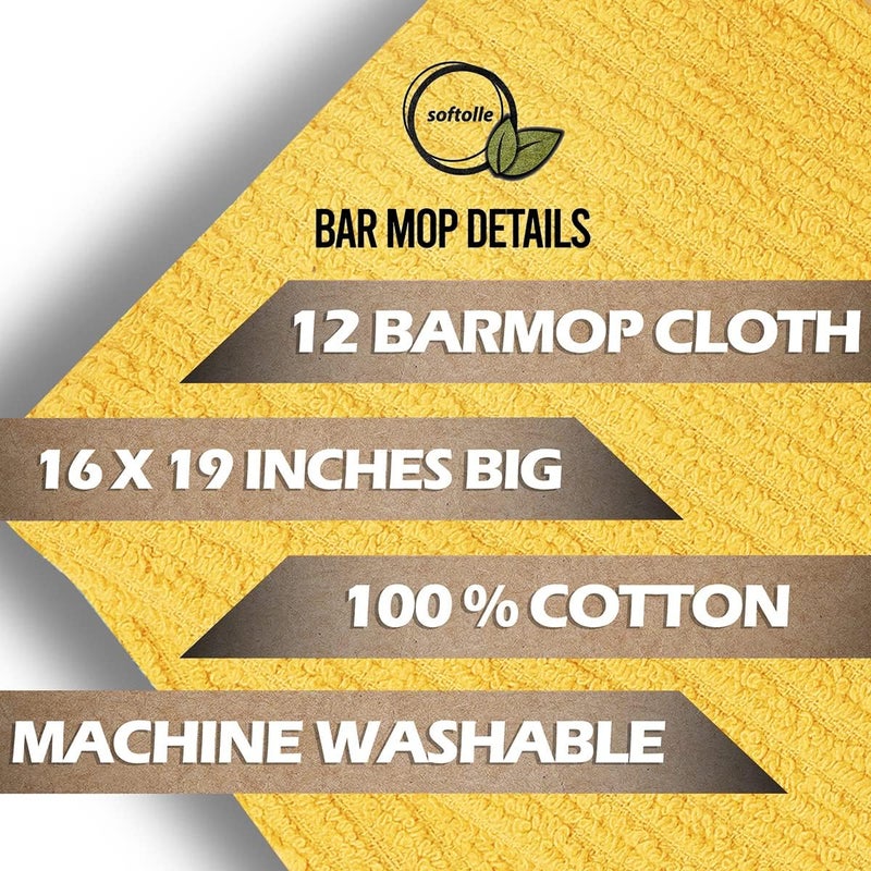 Softolle Bar Mop Towels, Pack of 12-16x19 Inches - 100% Cotton Super Absorbent Towels, Multi-Purpose for Home and Bar Cleaning (Yellow, Orange, Light Green, Aqua) - Image 4